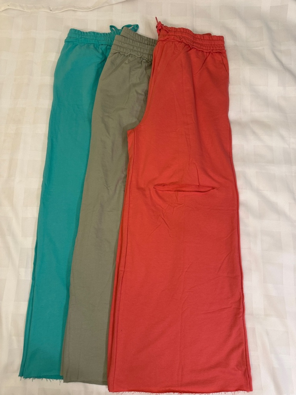 🧡💚🩵 NWOT Bundle of 3 Zenana Laser-cut Wide-Leg French Terry Drawstring Pants, 2X